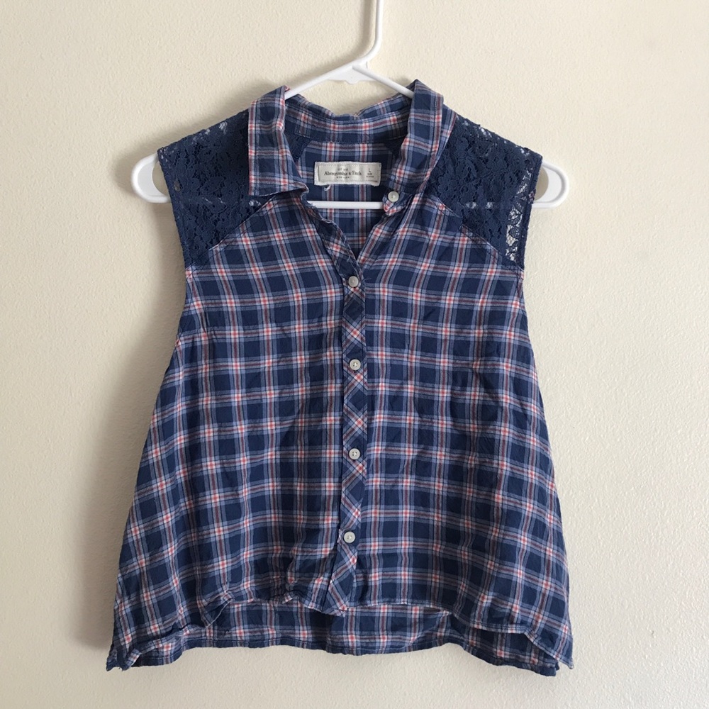 Plaid Sleeveless Button up w Lace Detail